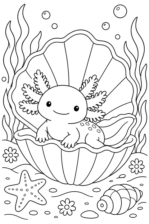 Axolotl resting in a big seashell coloring page