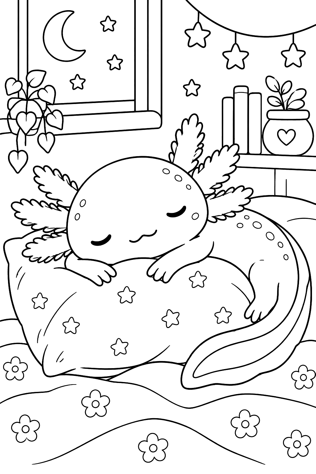 Axolotl sleeping on a pillow coloring page