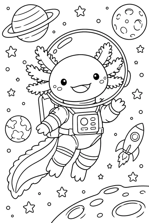 Axolotl astronaut floating in space coloring page