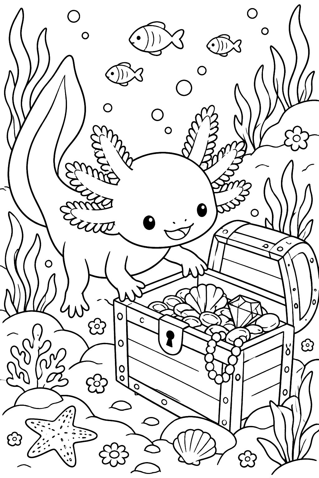 Axolotl finding a treasure chest coloring page