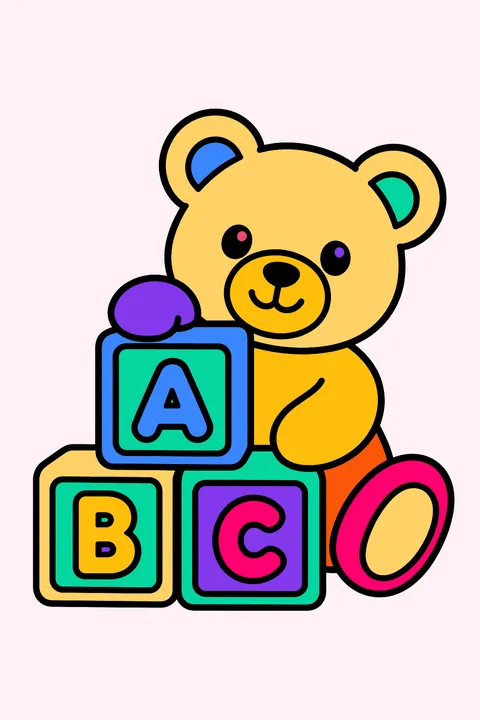 stacked alphabet blocks showing A, B and C with a teddy coloring page