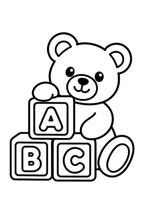stacked alphabet blocks showing A, B and C with a teddy coloring page