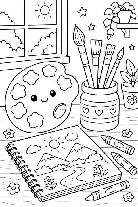 paint palette, brushes, crayons and a sketchbook coloring page