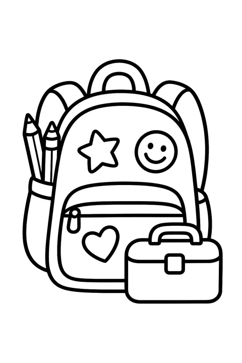 a backpack with patches, pencils sticking out and a lunchbox coloring page