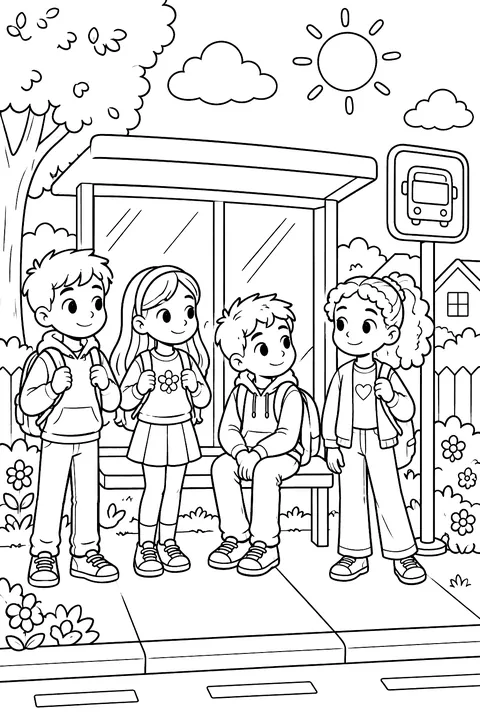 kids waiting at a bus stop on a sunny morning coloring page