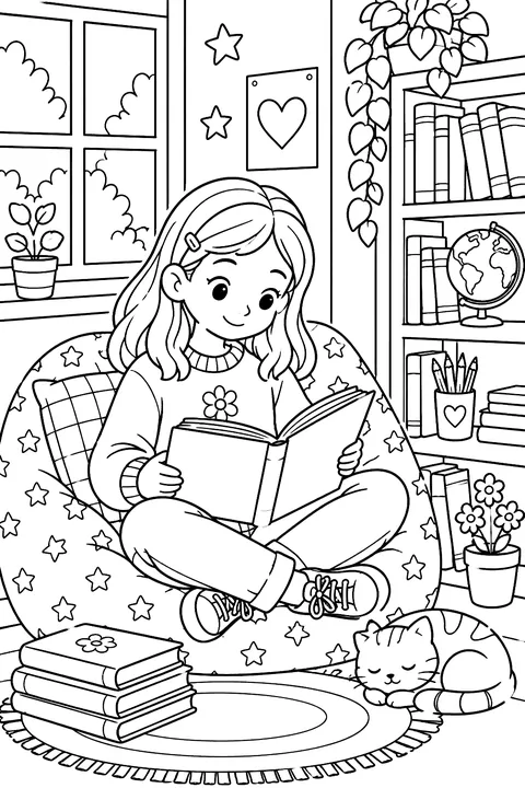 a child reading in a cozy classroom corner coloring page