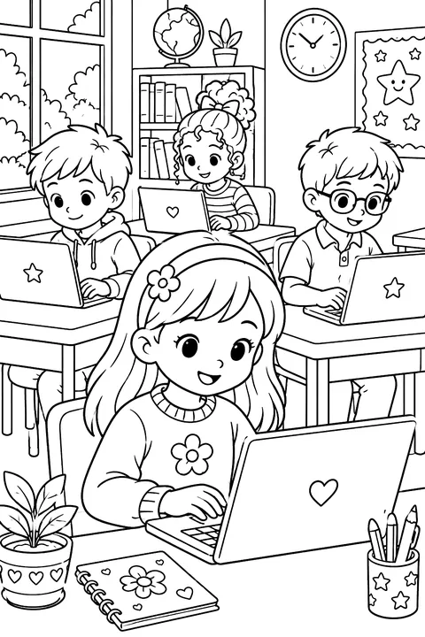 kids working on computers in a classroom coloring page