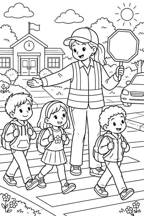a crossing guard helping kids cross the street coloring page