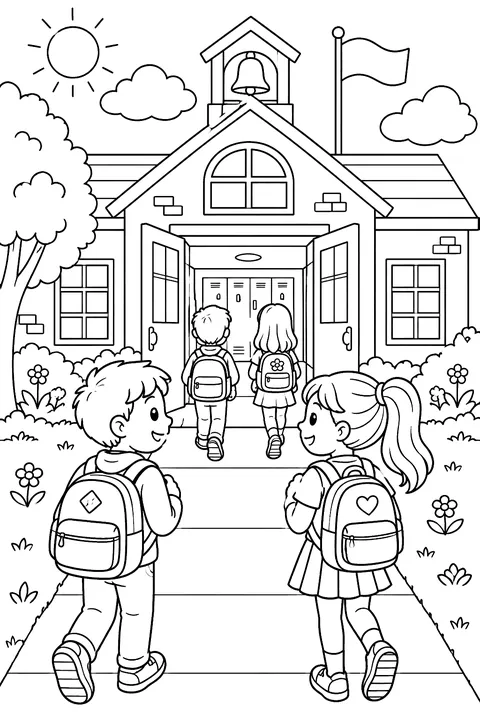 kids walking into a schoolhouse with backpacks coloring page