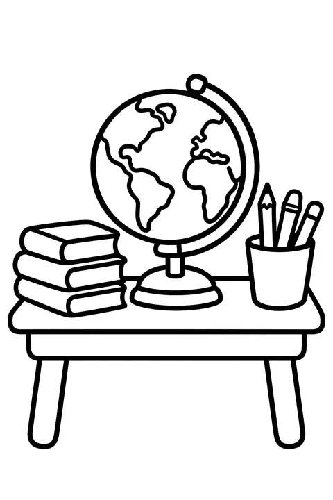 a globe on a desk with books and a pencil cup coloring page