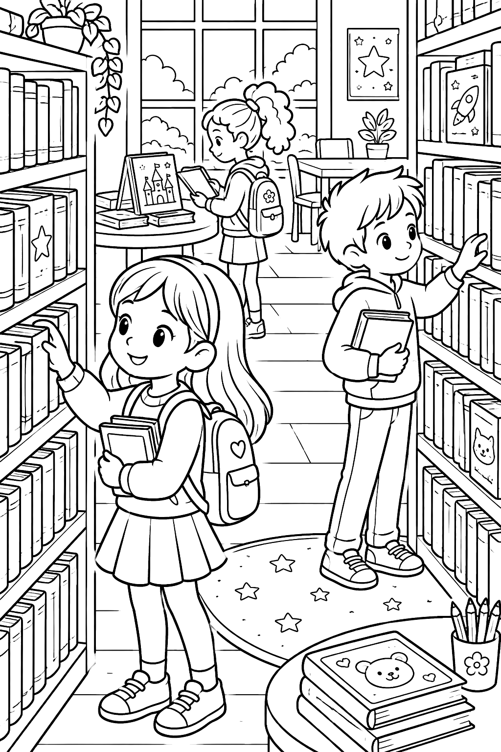 kids choosing books in a school library coloring page