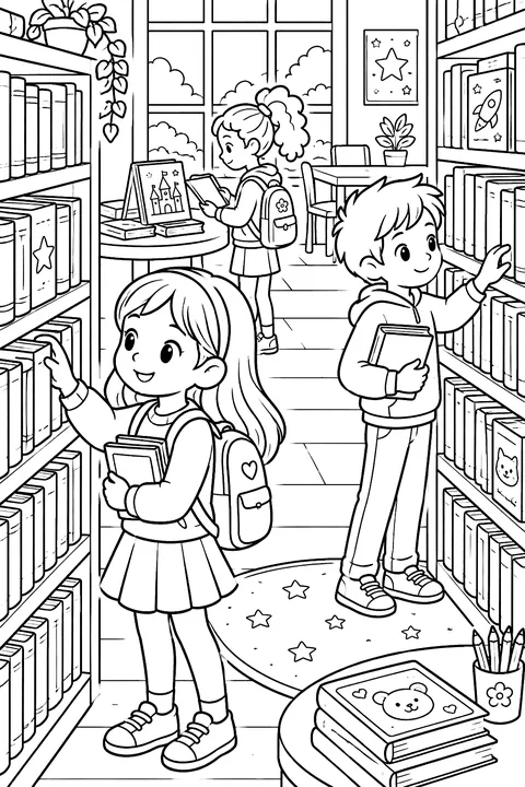 kids choosing books in a school library coloring page