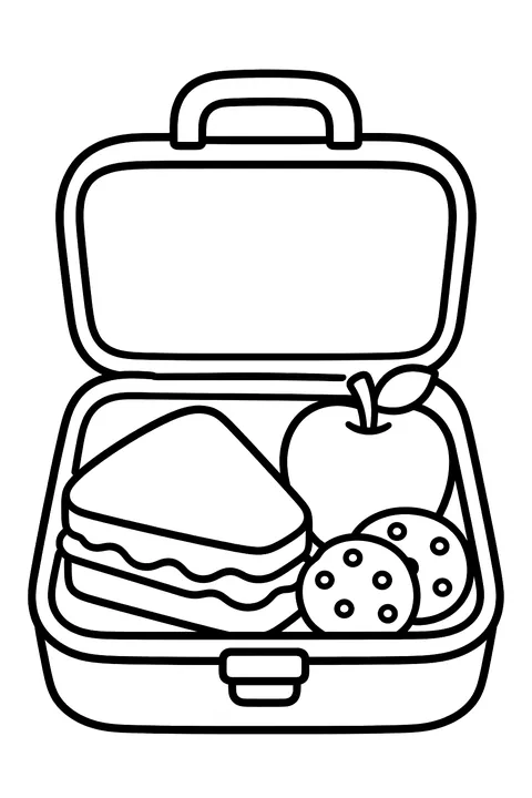 an open lunchbox with a sandwich, apple and cookies coloring page