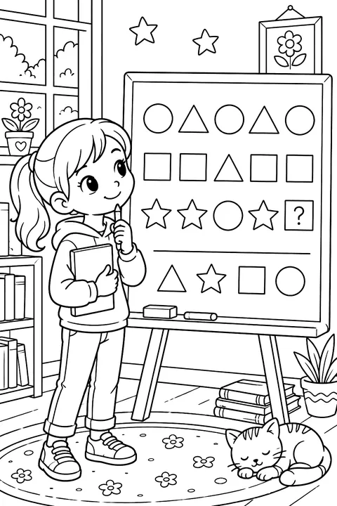 a chalkboard with shapes and a child solving a puzzle coloring page