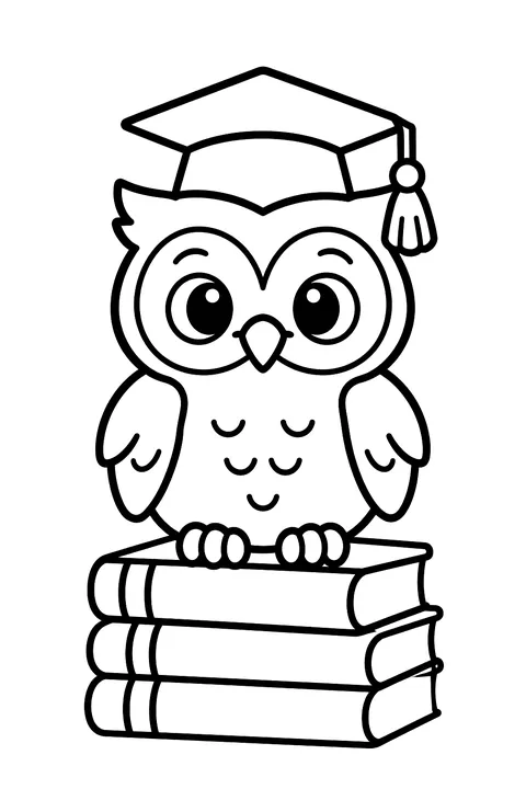 an owl with a graduation cap on a stack of books coloring page