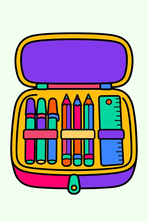 an open pencil case with markers, pencils and a ruler coloring page