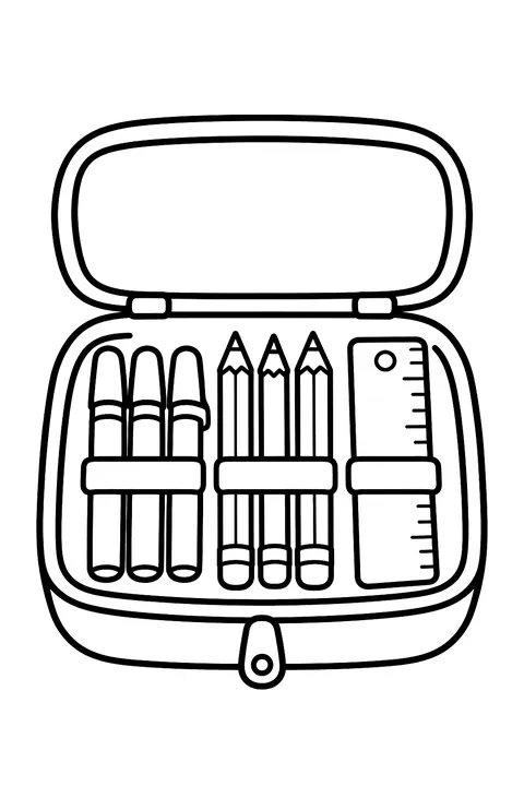an open pencil case with markers, pencils and a ruler coloring page