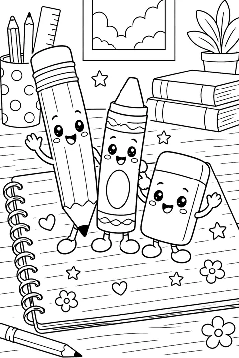 cute pencil, crayon and eraser characters on a notebook coloring page