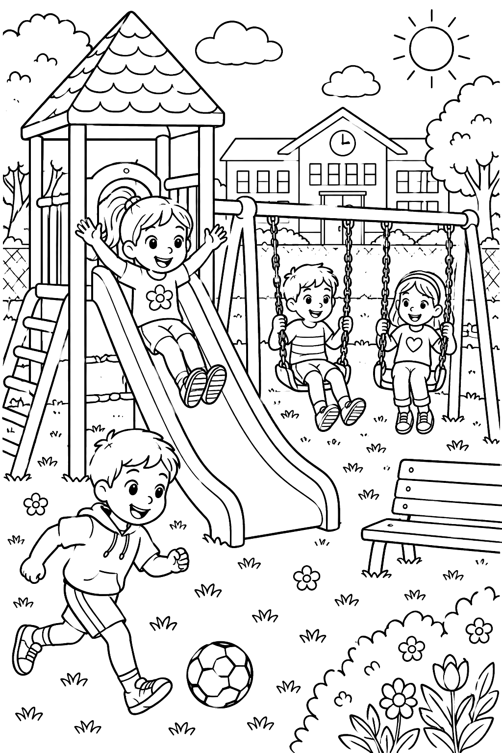 kids playing on a school playground with slides and swings coloring page