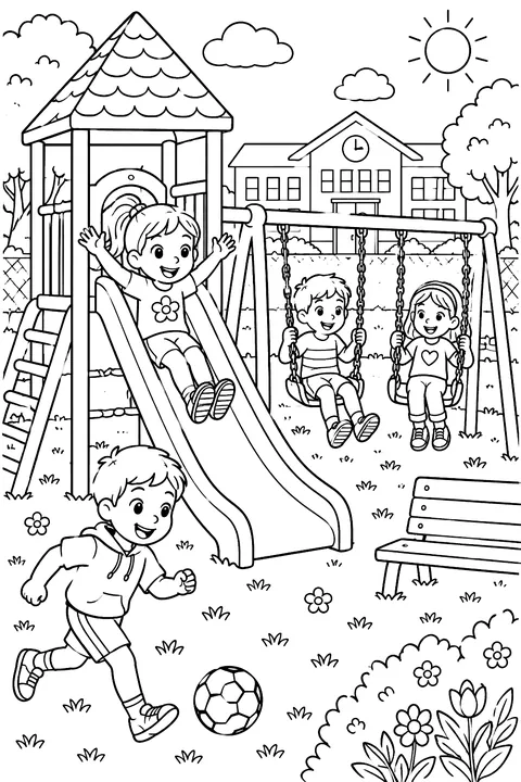 kids playing on a school playground with slides and swings coloring page