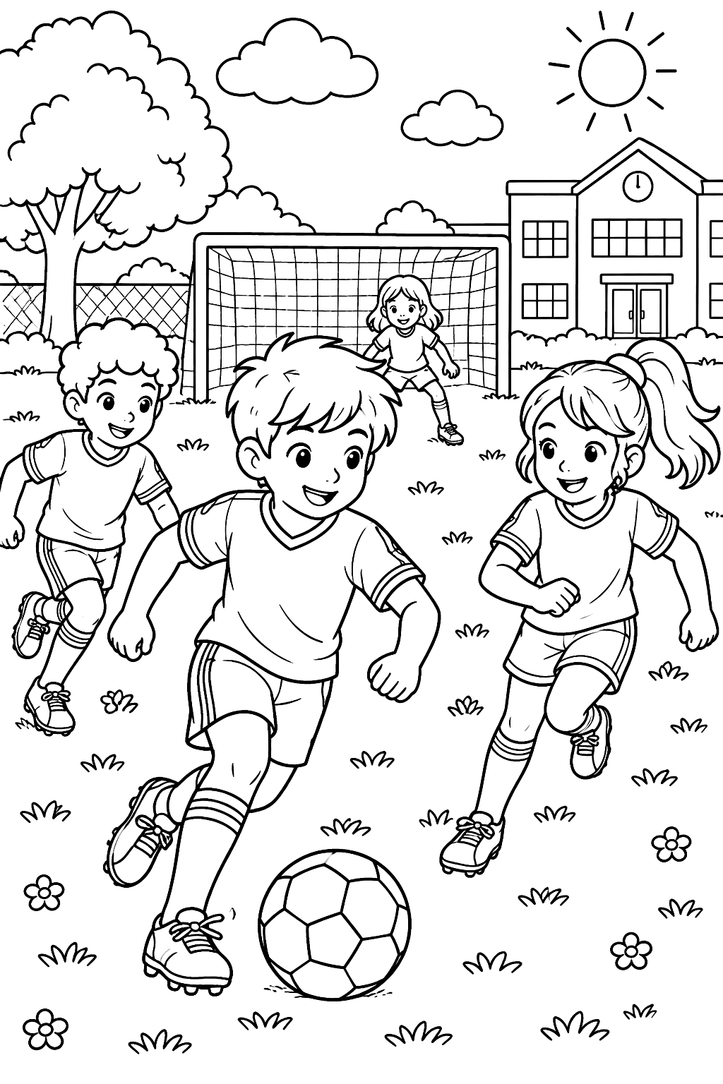 kids playing soccer at recess coloring page