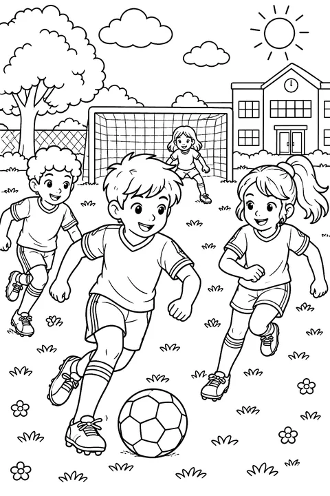 kids playing soccer at recess coloring page