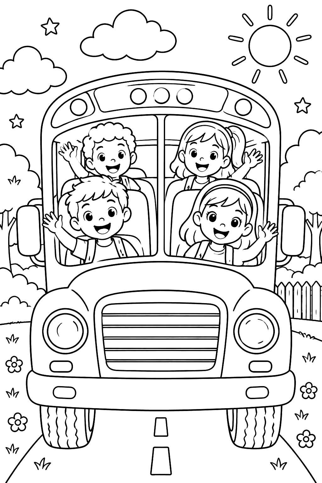 a yellow school bus with happy kids waving, front view coloring page