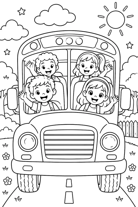 a yellow school bus with happy kids waving, front view coloring page