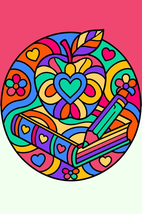 a round badge with an apple, book and pencil surrounded by patterns coloring page