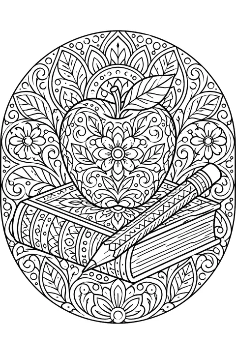 a round badge with an apple, book and pencil surrounded by patterns coloring page