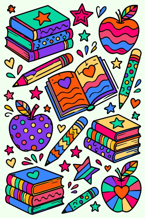 a full page of school doodles: books, pencils, stars, apples coloring page