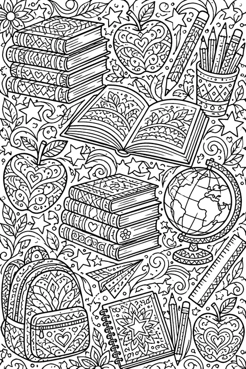 a full page of school doodles: books, pencils, stars, apples coloring page