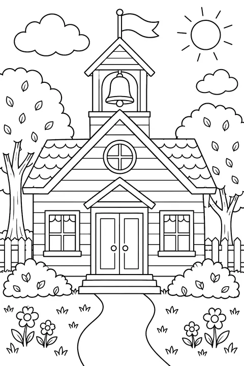 a red schoolhouse with a bell tower and trees coloring page