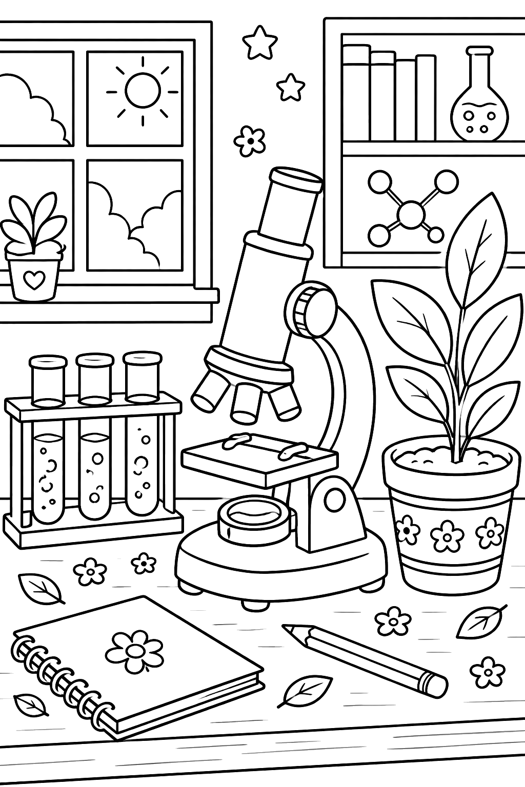 a microscope, test tubes and a plant on a lab table coloring page