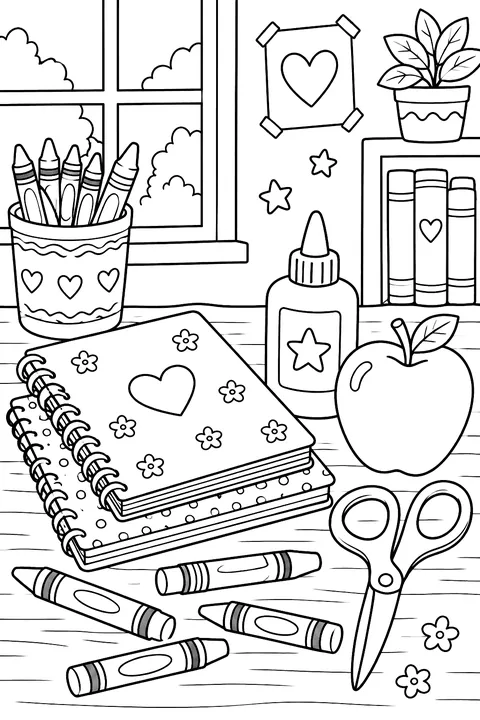 a desk with notebooks, crayons, scissors, glue and an apple coloring page