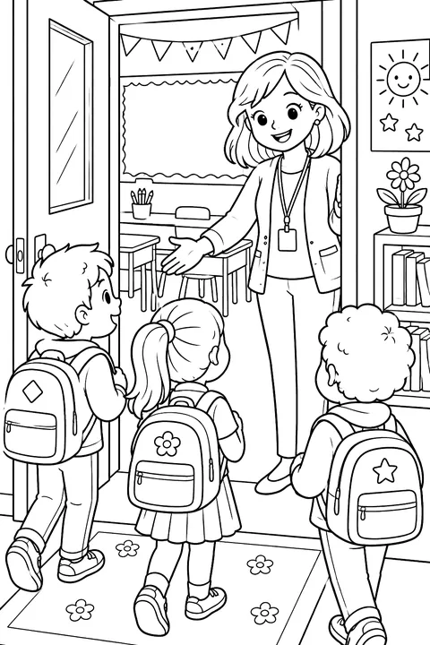a teacher welcoming kids at the classroom door coloring page