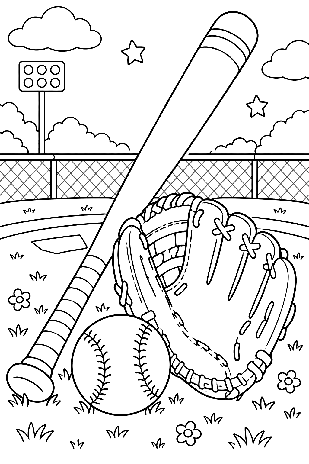 Baseball bat, ball and glove coloring page