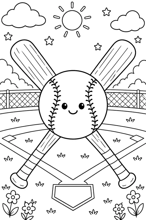 Baseball and bat crossed coloring page
