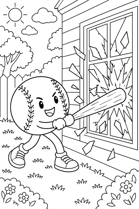 Baseball breaking a window coloring page