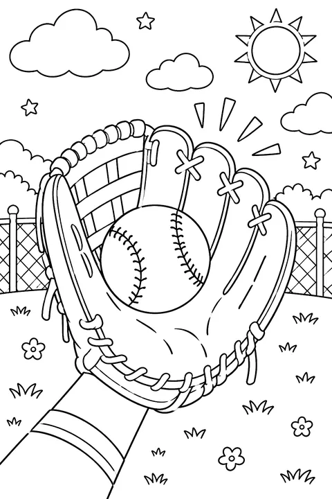 Baseball glove catching a ball coloring page