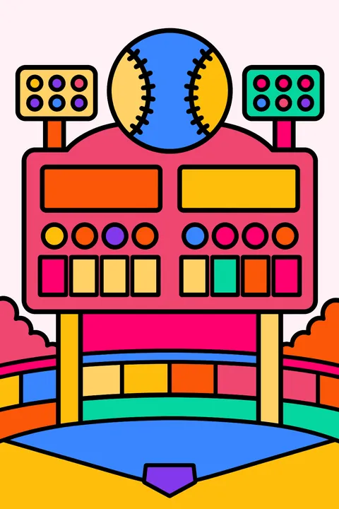 Baseball scoreboard with a baseball on top, blank boxes and round lights only, no letters or numbers, in a ballpark coloring page