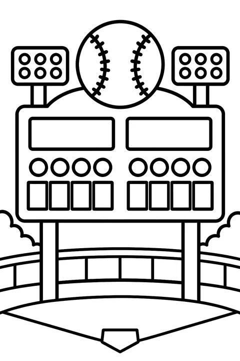 Baseball scoreboard with a baseball on top, blank boxes and round lights only, no letters or numbers, in a ballpark coloring page