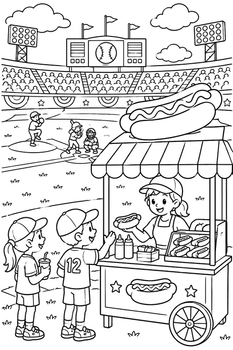 Baseball stadium with hot dog stand coloring page