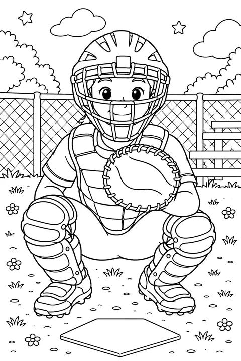 Catcher in mask and gear coloring page