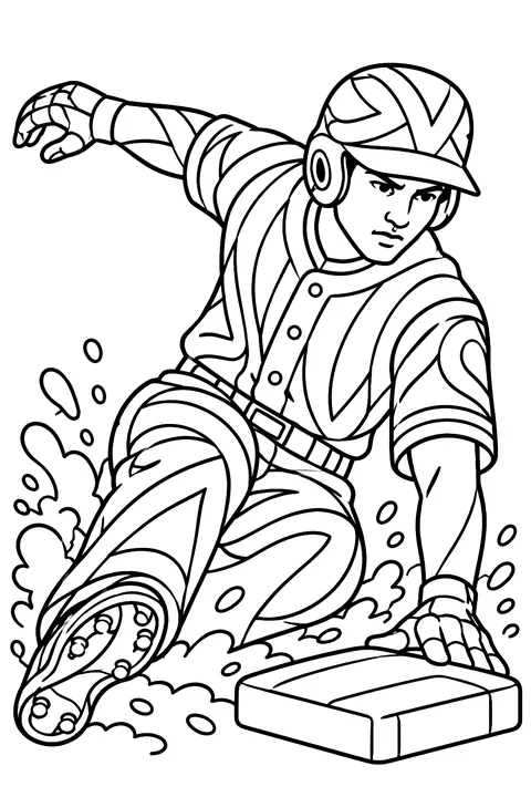 Detailed baseball player sliding into base coloring page
