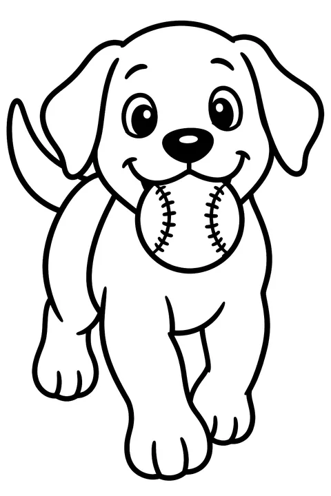 Dog fetching a baseball coloring page