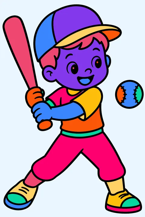 Kid swinging a baseball bat coloring page