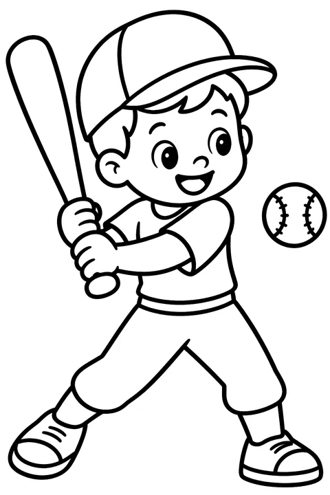Kid swinging a baseball bat coloring page