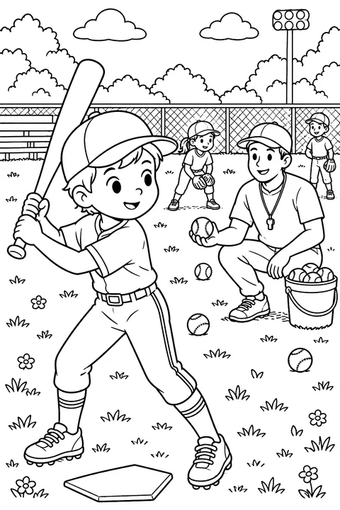 Kids at little league practice coloring page
