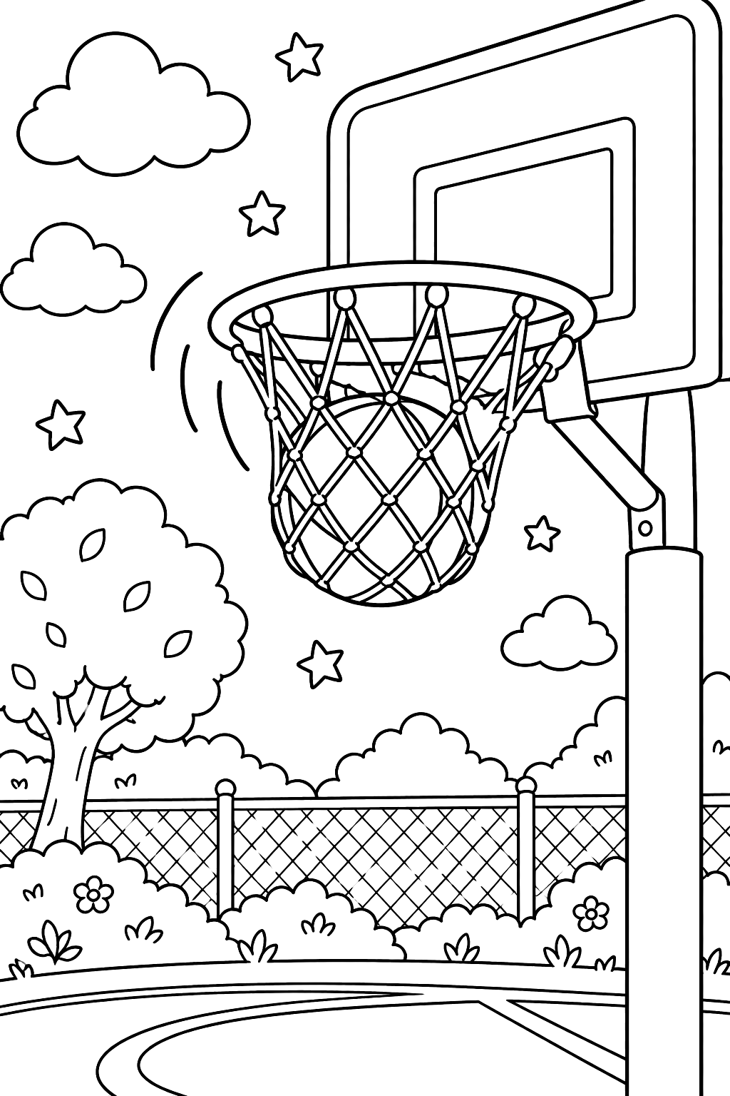 Basketball going through a hoop coloring page